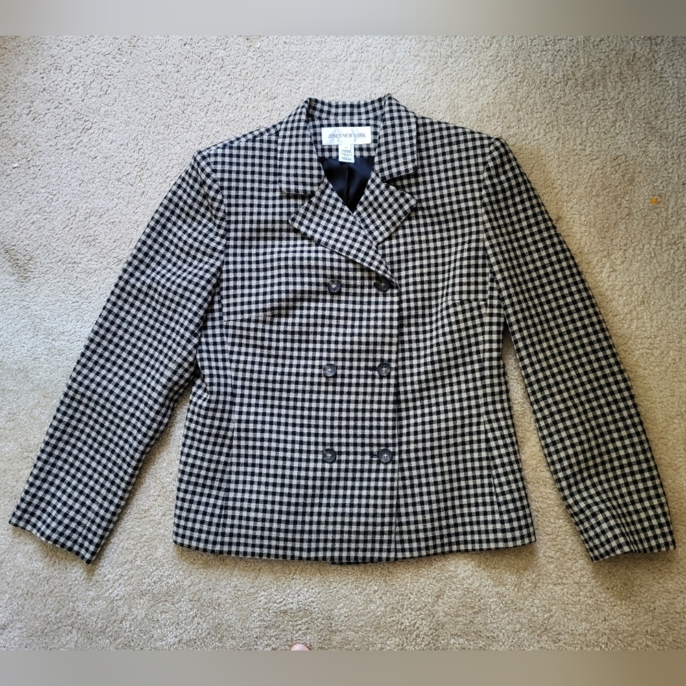 Jones New York Women's Full Botton Blazer Wool Blend Size 10 Black Tan Lined